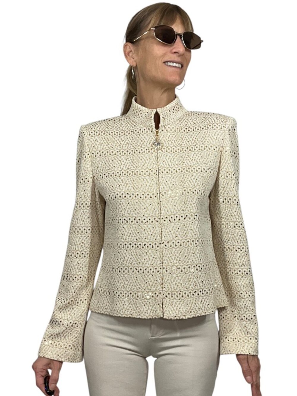 St. John Evening Vintage Embellished Knit Jacket 8 Cream Gold Zipper Front - Picture 2 of 16